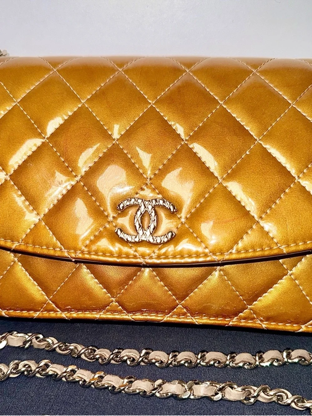 CHANEL Metallic Champagne Gold Quilted Patent Leather Crossbody AUTHENTIC
